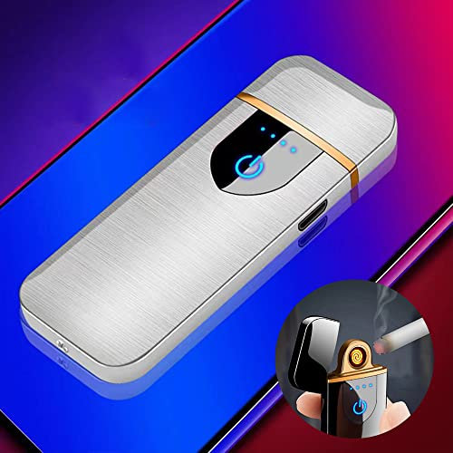 Deluisho Accendino Elettronico, Accendino ad Arco, Ricarica USB Accen-dino Antivento Touch Durevole, Accendisigari Tascabile (Argentato)