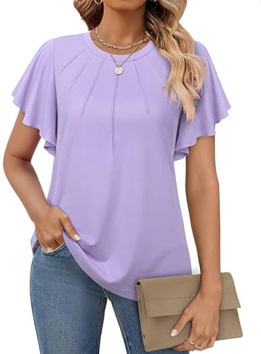 VAFOLY Kurzärmeliges Damen-Top, elegant, lässig, Baumwollhemd, Rundhalsausschnitt, Blusen, Lavendel, Nebel, Mittel