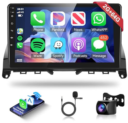 Rimoody 2G+64G Android Car Stereo for Mercedes Benz C-Class C180 C200 C230 C250 C300 C350 W204 S204 2006-2011, Rimoody Car Radio Wireless Carplay Android auto 9'' Touchscreen GPS WiFi BT/FM/RDS Camera