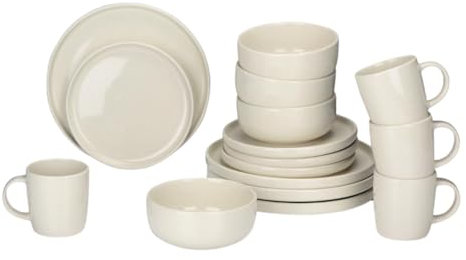 alpina Juego de vajilla de 16 piezas, juego de platos para 4 personas, vajilla de gres, platos de desayuno, platos de cena, cuencos y tazas, apto para microondas y lavavajillas, color crema
