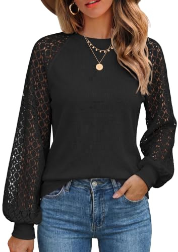 Zeagoo Chemisier Femme T-Shirts Manches Longues Élégante Waffle Tunique Dentelle Chic Col Rond Blouse Casual Tops