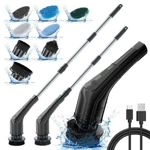APLUSH Electric Spin Scrubber,Cordless Shower Cleaning Brush with 7 Replaceable Brush Heads, Adjustable 2 Speeds Extension Handle Power Cleaning Brush for Tub Tile Floor Car,Black