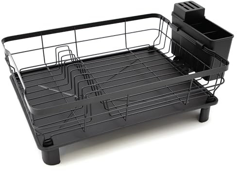 Blackmoor Dish Drainer Rack/Detachable Cutlery Holder and Removable Draining Board Drip Tray/Durable and Space Saving for Kitchen Counter/Black or Chrome Design / 49 x 19.5 x 32.5 cm (Black)