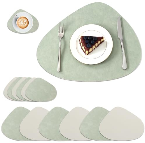 Manteles Individuales y Posavasos Lavables Juego De 12 6 Salvamanteles Individuales y 6 Posavasos Antideslizantes, Impermeables y Resistentes al Calor, Casa y Oficina(ovalados, Verde Claro y Beige).