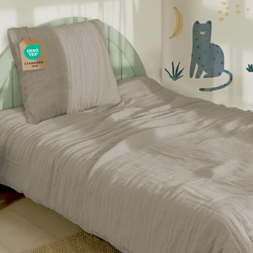 Dreamzie Barnsängset 135x200 i 100% bomull - Bomull Gauze Påslakan 135x200 cm + Örngott 80x80 cm, OEKO-TEX Certifierad - Taupe Färg