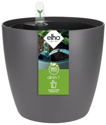Elho All-in-1 Brussel Round 18 + Swi 17 - Vaso per Piante da Interno - 100% plastica riciclata - Ø 18 cm - Nero/Anthracite