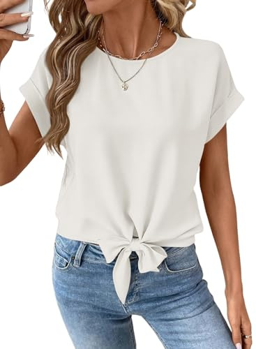 EVALESS White Blouse for Women Dressy Casual Short Sleeve Tie Front T Shirts Summer Business Outfits 2026 M