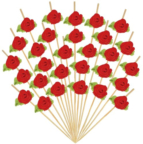 DIELOVEHUA 100 Piezas Palitos de Coctel Brochetas, Palillos de Cóctel de Flores, 12 cm Palillo para Brochetas de Frutas, para Fiestas de San Valentín, Fiestas de Cumpleaños y Bodas (Rojo)