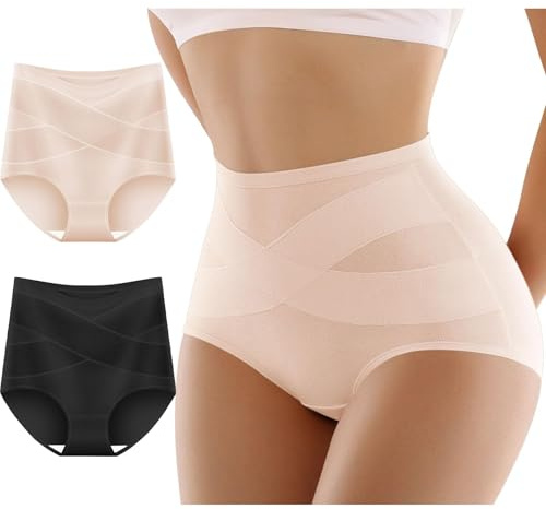 ADUDVLO 2PCS Women Tummy Control Knickers High Waisted Knickers for Women Tummy Control Pants Comfort Body Shaper (UK, Alpha, L, Regular, Regular, Black+Nude)
