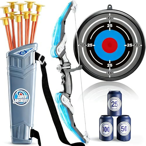 YGVQN Arco e Frecce per Bambini, Set Tiro con Luce LED, Frecce a Ventosa, Faretra, Bersaglio Sospeso e 3 Canister Targets, Giocattolo Sicuro per Interno ed Esterno, Regalo per Bambini e Bambine