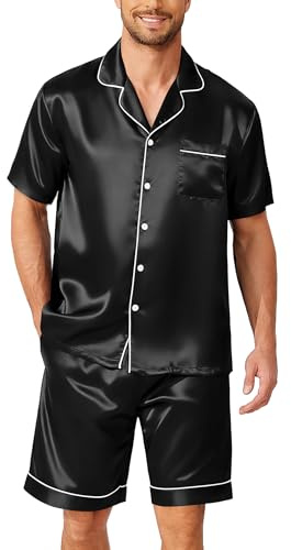 Ekouaer Mens Pjs Set Silk Pajamas Summer Sleepwear Short Sleeve Button Up Nightshirts Shorts Set,Black,M