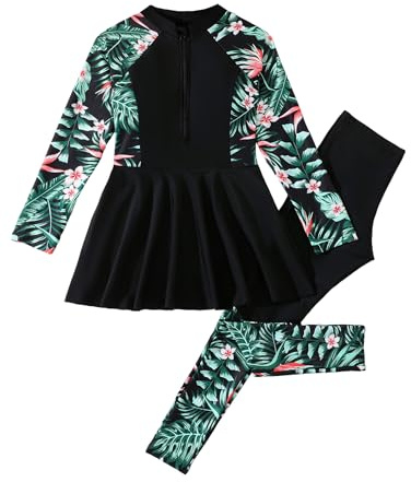 IDOPIP Muslim Swimsuits for Girls Modest Swimwear Burkini Full Cover Rash Guard Top Pants Set with Hijab Islamic Bathing Suit Black + Green Leaves 10 Years