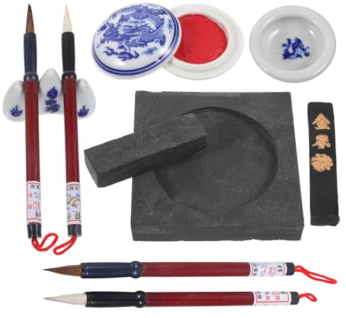 BESTYASH Set de Caligrafía China Tradicional 4 Piezas Pinceles de Escritura, Tintero Cuadrado de Piedra, Barra de Tinta Sólida y Accesorio para Pintura, Kit Compacto para Color Aleatorio
