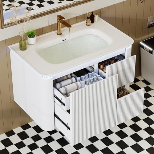 Armario para lavabo colgante de pared, completamente lacado, estructura vertical, lámpara LED con sensor de movimiento de radar, cajones silenciosos, diseño antigolpes, lavabo de una pieza, 80.5 ×