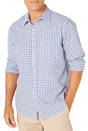 Amazon Essentials Men's Regular-Fit Long-Sleeve Casual Poplin Shirt, Blue Checks, XL