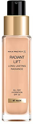 Max Factor Radiant Lift Liquid Pump - Fondotinta a copertura medio-completa, con SPF30 e acido ialuronico, 047 nude, tono della pelle medio, 30 ml