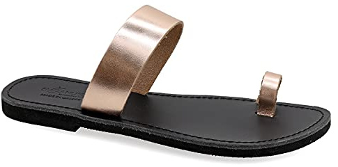 Size 6 Rose Gold Emmanuela Greek Leather Toe ring Sandals, Quality Handmade Slider Summer Shoes, Slide on Strappy Sandals, Boho Chic Flat Sandals
