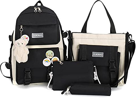 ZHANGHAN Kawaii Rucksack Bär Anhänger 4PCs Schulrucksack Combo Set Einkaufstasche Schultasche Netter Mädchen Damen Schulnotizbuch Reiserucksack Wasserdichter Schulbedarf, Schwarz, 14 centimeters