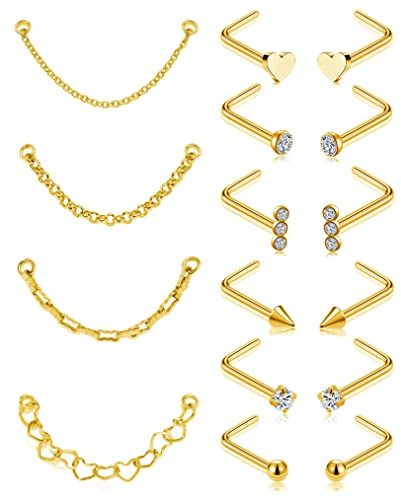 Tornito Nose Chain Piercing Across Double Nose Stud Chain CZ Heart Ball L Shaped Nose Chain 4.2CM Nostril Piercing Jewelry for Women Men 20G Gold Tone