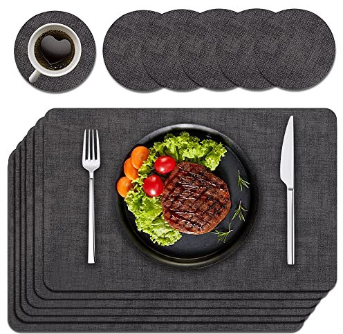 Purejoy Placemats and Coaster Sets 6, Christmas Table Mats PU Leather Heat-Resistant Washable and Non-Slip 43 * 30 cm Dinner Table Mats Set of 6 for Kitchen Table Mat Indoor Outdoor (Grey)