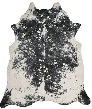 Kunstfell Teppich Kuhmuster schwarz / weiß mit goldenen Sprenkeln 130 x 170 cm Bogong