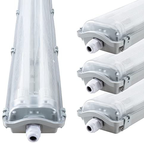 LED Feuchtraumleuchte 120cm IP65 mit 2x 18W Leuchtstoffröhre – neutralweiß 3.600 Lumen – Klappdeckel, Steckklemme, Kabeleinführung NYM-J 3x2,5mm² – 4er Sparset – Feuchtraumleuchte LED 120cm