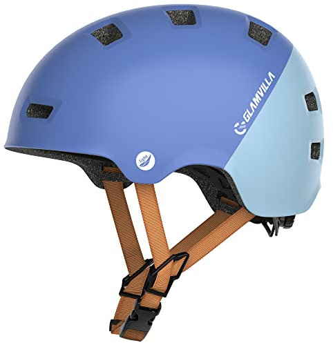 GLAMVILLA Skaterhelm Fahrradhelm Ultraleicht Stadthelm für Kinder/Damen/Herren,Verstellbar Unisex Schutzhelm für Skateboard E-Scooter Roller BMX,nur 260g/270/280g (Dunkelblau mit Hellblau, L(57-61cm))