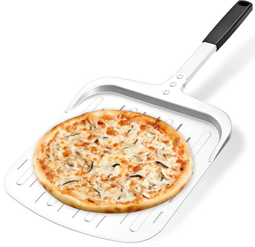 RIOOMDX Professional 12-Inch Perforated Aluminum Pizza Peel - Metal Pizza Paddle Spatula with Silicone Handle for Launching, Turning & Retrieving - For Home Kitchens & Outdoor Ovens