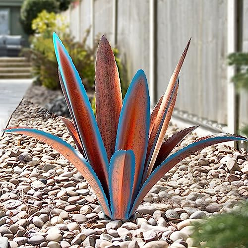 Förstorad förtjockad vindbeständig metall agave trädgårdskonst metallväxt land trädgård skulptur staty utomhusdekoration agave metallväxt innergård trädgård gräsmatta prydnad gåva (12 löv blå 1 st)