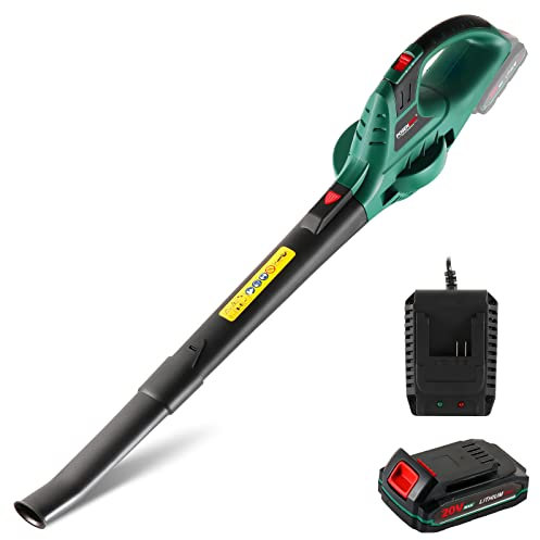 Laubbläser Akku, POSENPRO 20V Akku Laubbläser mit 2.0Ah Akkus, Leaf Blower 2-Gang, Turboschalter Max 10500RPM, Luftmenge 350m³/h, Elektro Laubbläser für Garten Rasenpflege