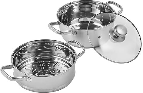 VEVOR Olla Vaporera de Acero Inoxidable 22 cm con Olla de 2,8 L y Cesta de Vapor Vaporera para Alimentos con Tapa de Vidrio 1 Nivel con 1 Par de Guantes Aislantes para Cocinar al Vapor en Cocina