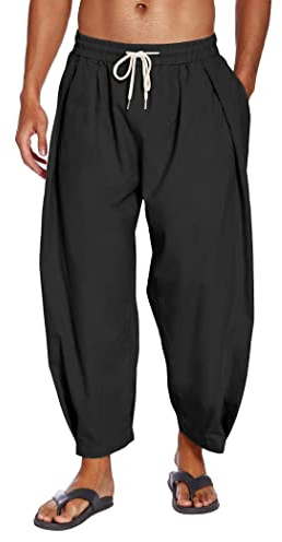 COOFANDY Men's Cotton Linen Harem Pants Drawstring Casual Cropped Trousers Lightweight Loose Beach Yoga Pants with Pockets Black