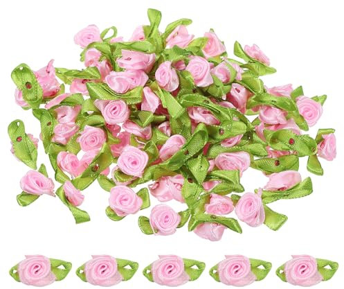 PATIKIL Mini Ribbon Roses, 100 Pcs Tiny Satin Fabric Flowers with Green Leaves Embellishments Rosettes Applique for DIY Crafts Sewing Wedding,Pink