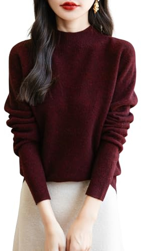 Chanyarn Maglione da Donna in 100% Lana Merino Collo Alto Demi Lavorato a Maglia Senza Cuciture a Maniche Lunghe (Dark Red,L)