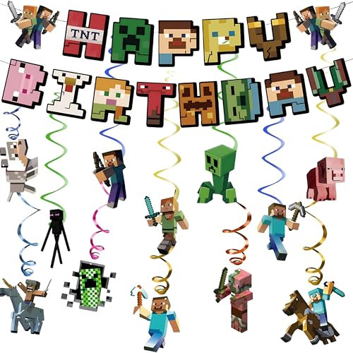 ZUXOLBIN Pixel Geburtstagsdeko Jungen- Pixel Stil Alles Gute zum Geburtstag Banner - Pixel Mine Hängende Wirbel Geburtstag Deko Pixel Mine Geburtstags Partyzubehör Spiel Fans Dekore für Kinder Jungen