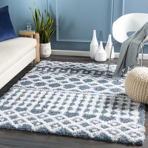 Livabliss Dubai Shaggy Rug - Modern Berber Rugs Living Room, Large 200x290 cm, Soft Shaggy Rugs for Bedroom - Neutral Boho Fluffy Rug, Easy Care Plush Thick Pile - Dark Blue and White