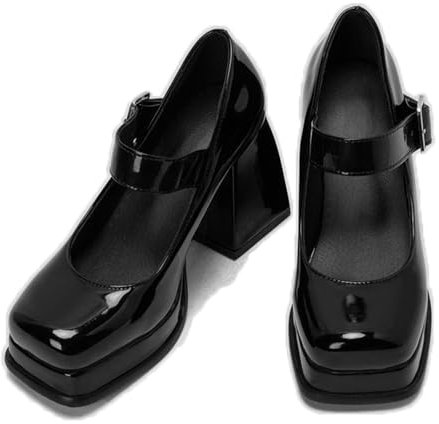 ENWIND Women's High Heels Square Toe Mary Jane Pumps Chunky Heel Platform Office Lady Party Events Dress Shoes,Black,10 UK