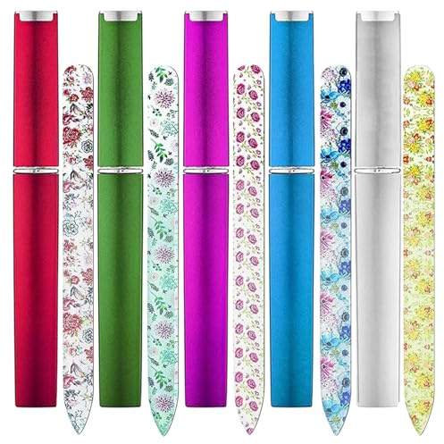 5Pcs Glass Nails File with Case Professional Double Sided Crystals Nails File Set for Nails Care Fingernail Files for Natural/False Nails, Nail Styling Set for Home and Salon