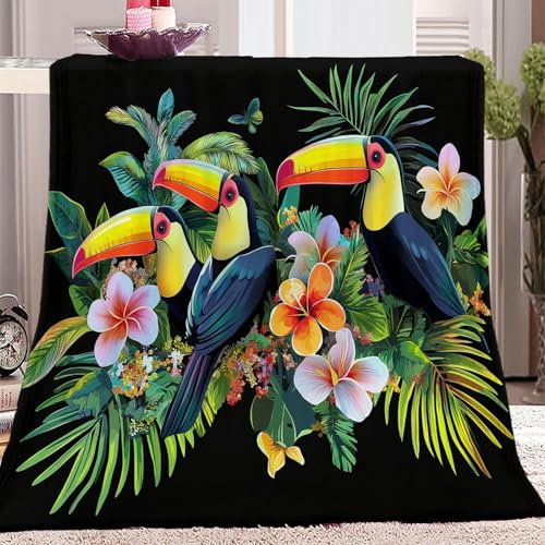 Decke Plüschdecke für Couch Sofa Schlafzimmer Dekoration Überwurf, Gelb Grün Motiv Kuscheldecke Weich Bequem Decke Kuscheldecken für Couch Bett Vögel Tropische Blumen 180 x 220 cm