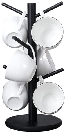 MVPACKEEY Black Wooden Coffee Mug Rack Organizer with 6 Hooks, 15x15x35cm, Countertop, Coffee/Tea Cup Drying, Kitchen Countertop Organization, Jewelry Storage