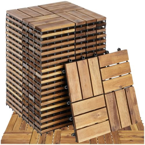 tectake® Set 20x Baldosas Jardín Exterior con 12 Tablones Madera, Suelo Terraza Exterior Resistente a Intemperie, Suelo Jardín con Base de Rejilla y Drenaje, Montaje Sistema Clic, Fácil Mantenimiento