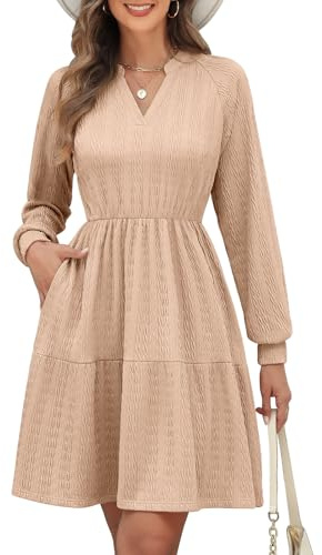 PASUDA Vestito Donna Manica Lunga Abito Maglia Elegante Abiti Midi Vestiti A Line Scollo a V Vita Alta Elastico Vita Autunno Inverno Primavera con Intascato Casual Vacanza Festival