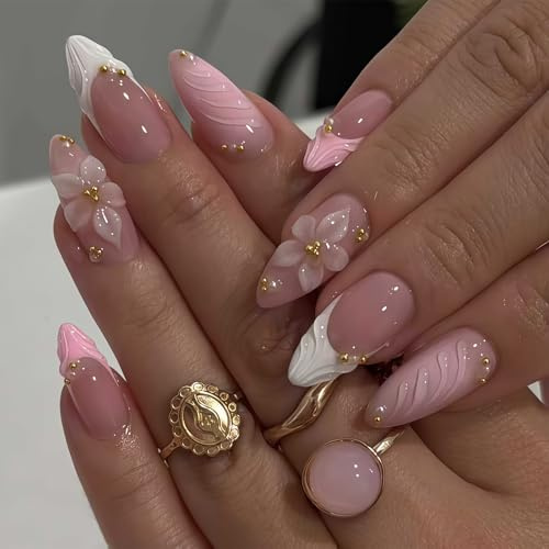 OuryTech Press On Nails, 24 stycken Rosa franska mandelformiga falska naglar med 3D-blomsdesign och guldbräm, återanvändbara falska naglar med glansigt finish, kit av