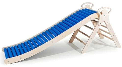 WoodsCraft Juego 2 en 1: tobogán ondulado (160 cm) con triángulo de escalada, tobogán interior y tobogán infantil, ruedas giratorias para diversas experiencias sensoriales, estructura de escalada