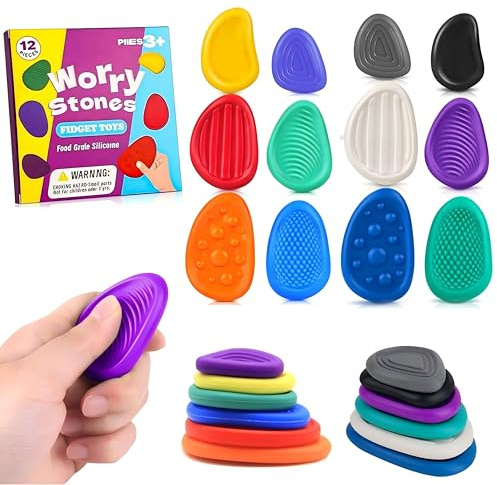 12 Pièces Fidget Toys Pierre Sensorielle, Fidget Toys Sensory Stone en Silicone, Jouets Apaisants pour Enfants Pierres préoccupation Colorées et Texturées pour Enfants Adultes, Jouets Anti-Stress (D)
