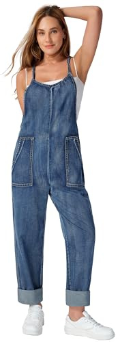 roswear Women's Denim Overalls Thin Sleeveless Jumpsuits with Adjustable Strap Cuffed Hem Washed Blue Large