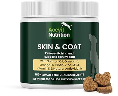 Hud & Päls Hund, 150 Naturliga Mjuka Tuggisar, Kosttillskott för Hälsosam Hud och Glansig Päls, med Laxolja, Omega 3 & 6, Biotin och Zink | Acevit Nutrition