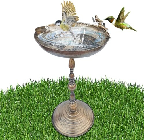 Outdoor Bird Bath, Garden Standing Bird Bath Waterer, Courtyard Iron Art with Antiqued Animal Design, Water Bowl Statue for Hummingbirds, Elegant Garden Decor, Wildlife-Friendly