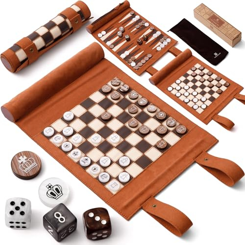 Woodronic 3 in 1 Travel Chess Backgammon Checkers Set, Roll-up Leather Backgammon Set with 32 Premium Pearl Pieces and 5 Dices, Portable Travel Chess Board Game Set for Adult,13x10 Kinch