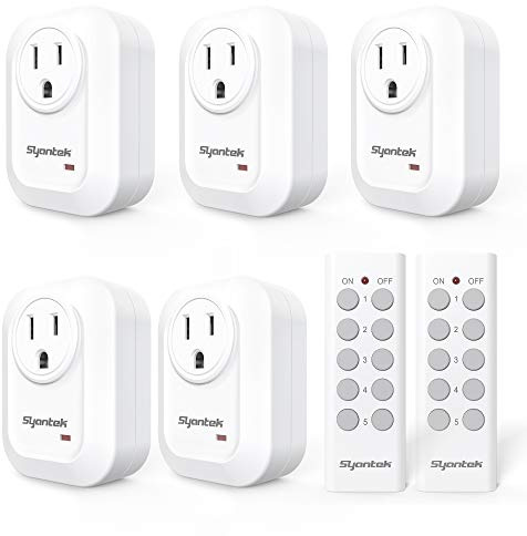 Syantek Upgraded Remote Control Outlet Wireless Light Switch for Household Appliances, Expandable Remote Light Switch Kit, Up to 100 ft Range, FCC Certified, ETL Listed, White (5 Outlets + 2 Remotes)
